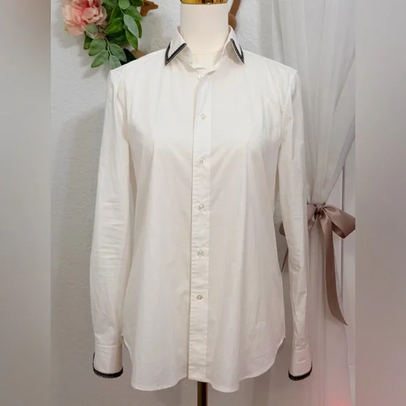 VINTAGE Ralph Lauren $790 White Button Down Shirt Chain Mail Embellish -10 NEW - Picture 2 of 14